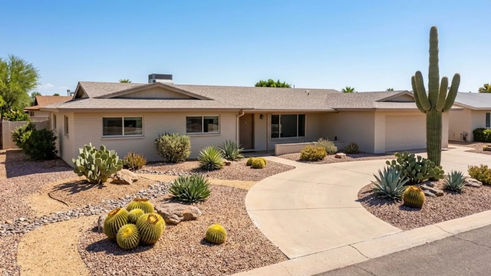 Single-story ranch home with desert xeriscape landscaping in Sun City, AZ
