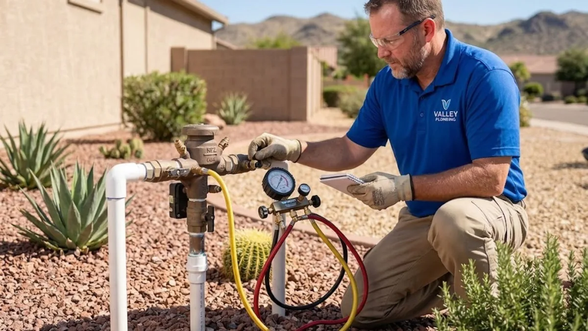 Plumber testing a backflow preventer with gauges in Sun City, AZ