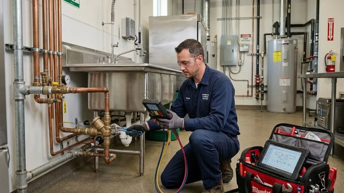 Plumbing technician performing commercial plumbing service with a sewer camera system