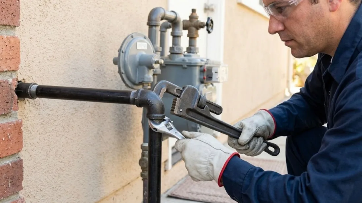 Plumber installing a gas line connection in a Sun City, AZ home