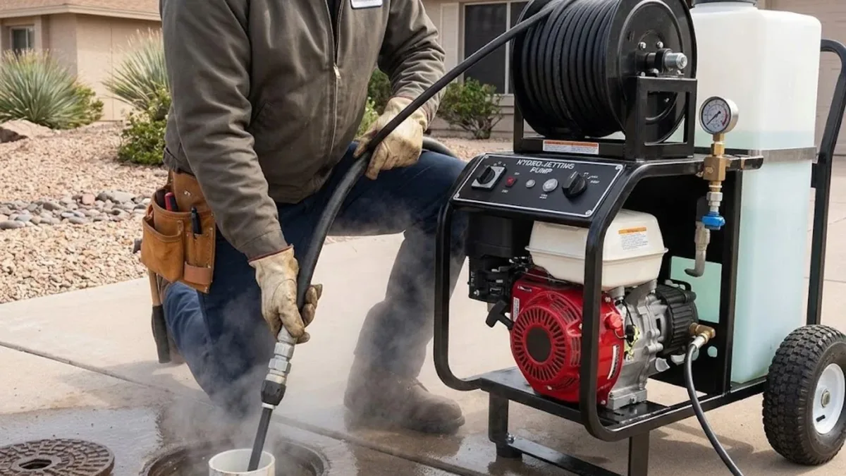 Hydro jetting equipment clearing a sewer line cleanout in Sun City, AZ