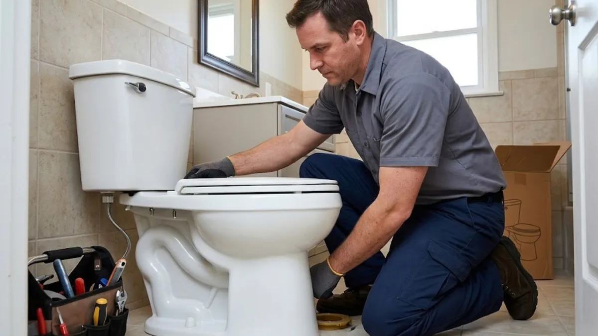 Plumber installing a toilet in a Sun City, AZ bathroom