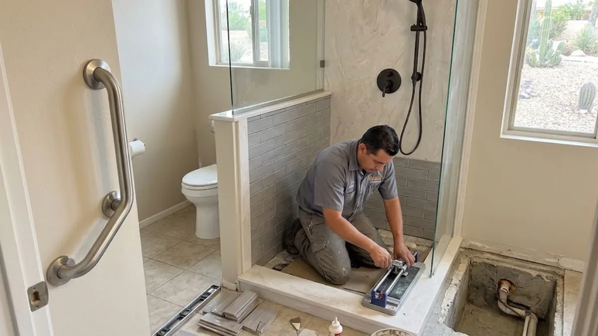 Plumber installing a walk-in shower with grab bars in a Sun City, AZ bathroom